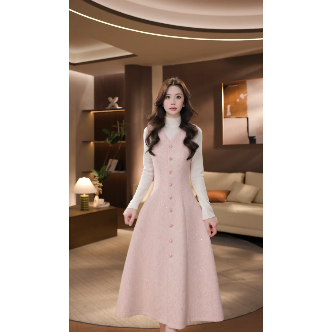 晓西-【樱雾絮语】秋冬新款高级V领小香风裙子常规款背心裙-5N329Y