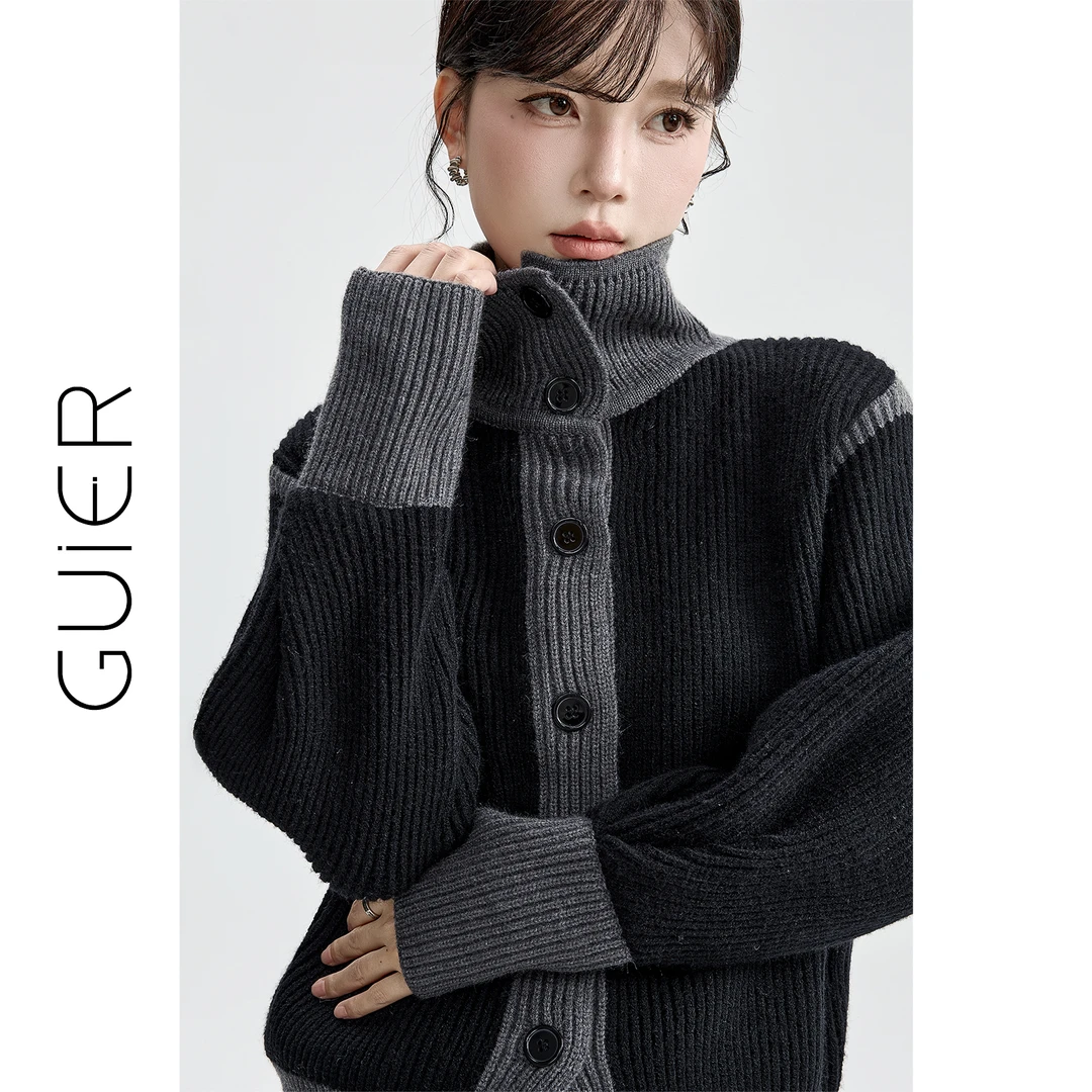 「GUIER」撞色高领毛衣开衫女2025冬季复古高级宽松针织上衣G7074
