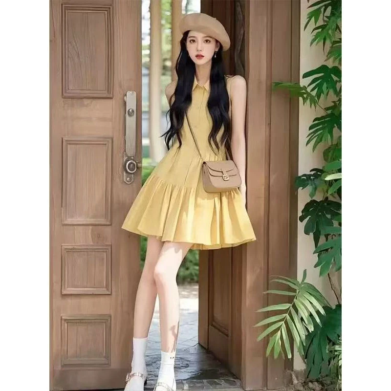 法式高级感气质黄色无袖衬衫连衣裙女2025夏季新款千金风漂亮短裙