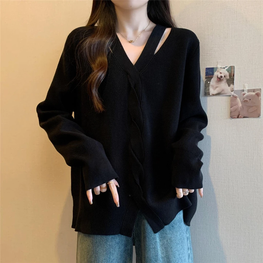 秋冬慵懒风胖MM大码女装V领针织衫长袖毛衣女宽松显瘦遮肚子上衣