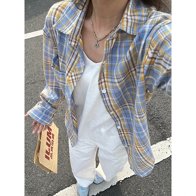 长袖格子衬衫男款秋季潮牌高级感男装美式高街宽松休闲衬衣服外套