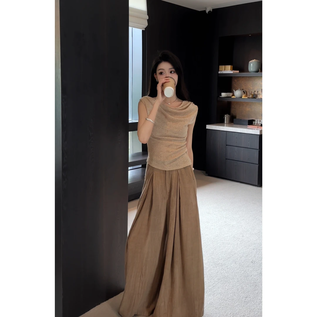 夏季纯欲风气质套装荡领修身女上衣大方得体穿搭一整套高腰阔腿裤