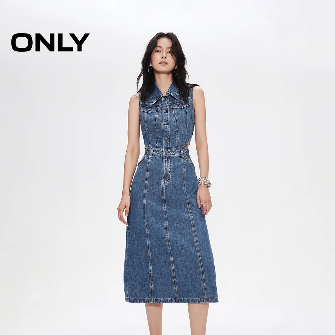 ONLY2025夏季新款翻领无袖露腰高腰中裙牛仔连衣裙女|125242002