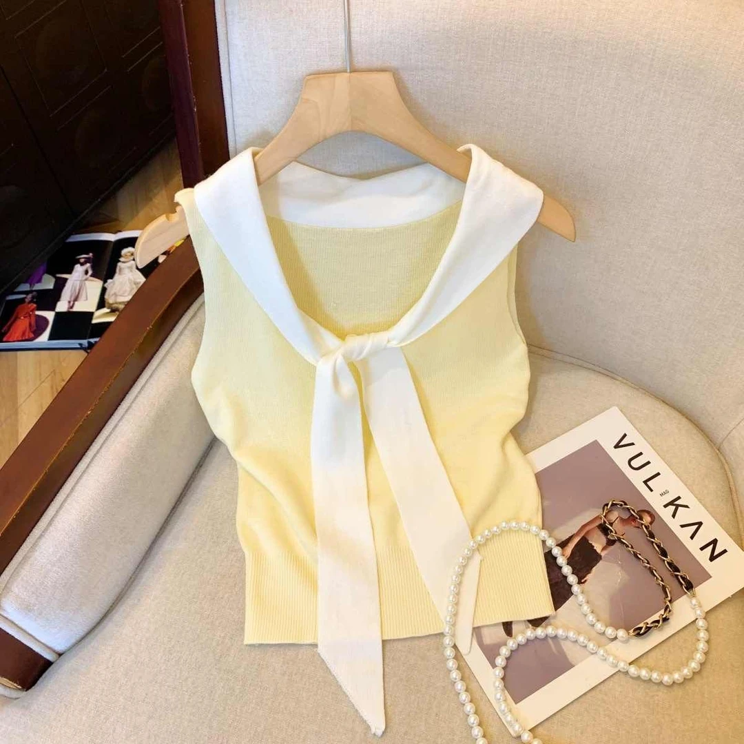 多巴胺海军领系带针织背心女夏季修身显瘦别致甜辣jazz无袖小上衣