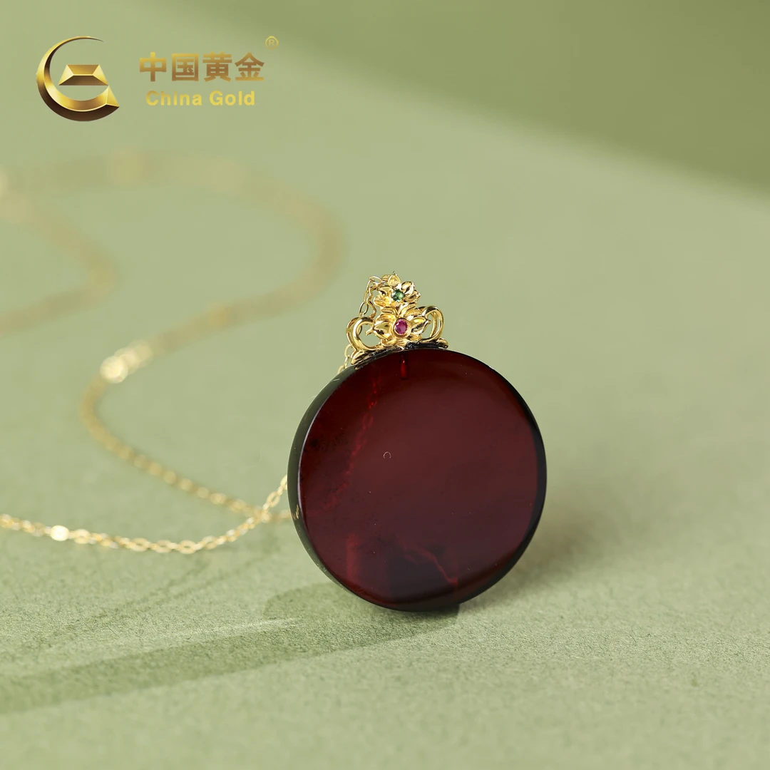 【中国黄金】菊韵 | 琥珀*吊坠*18K金镶嵌-D8030-格