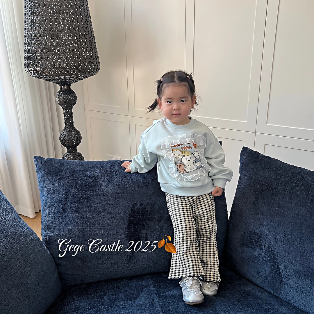 韩版童装2025新款秋季女童卡通印花卫衣儿童洋气格子喇叭裤两件套