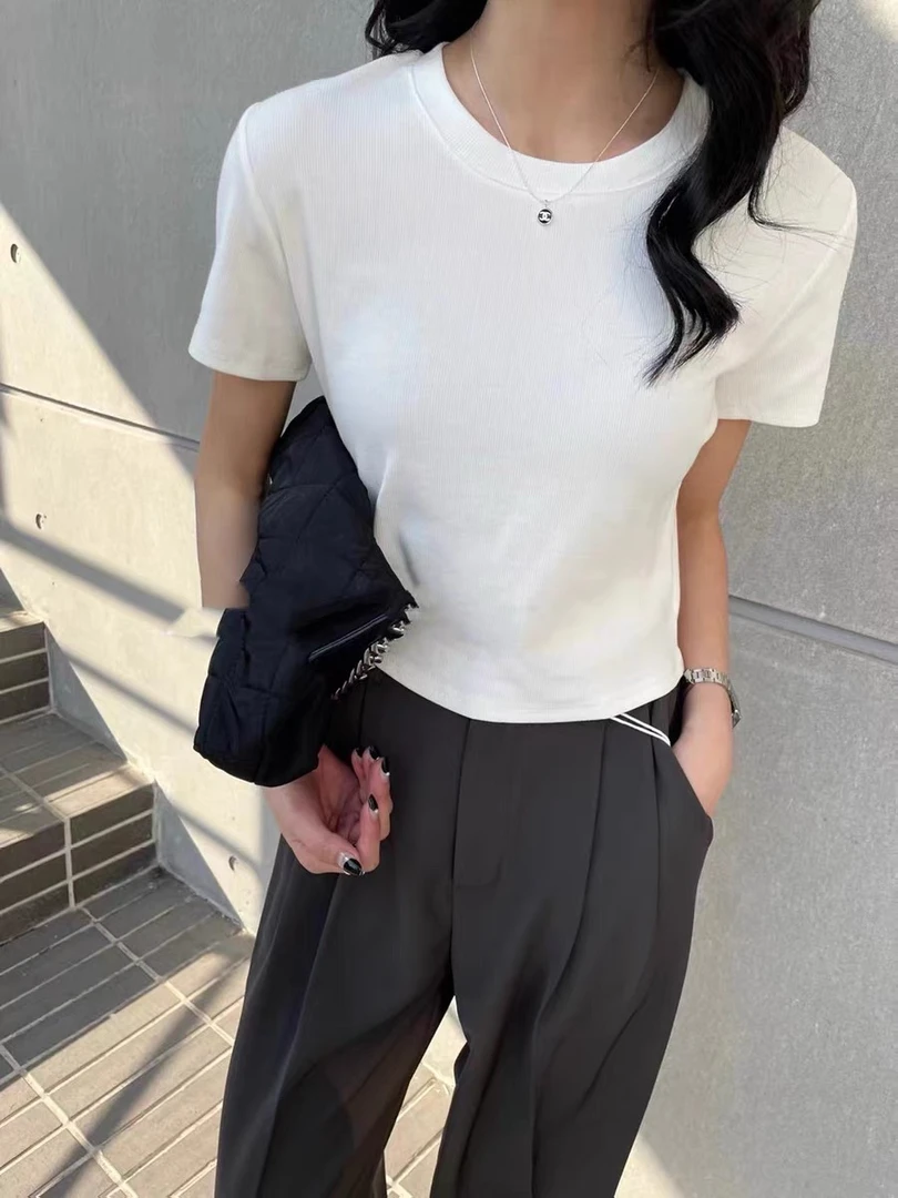 E念2703正肩圆领短袖T恤女夏季甜辣风修身显瘦日常洋气短款上衣潮