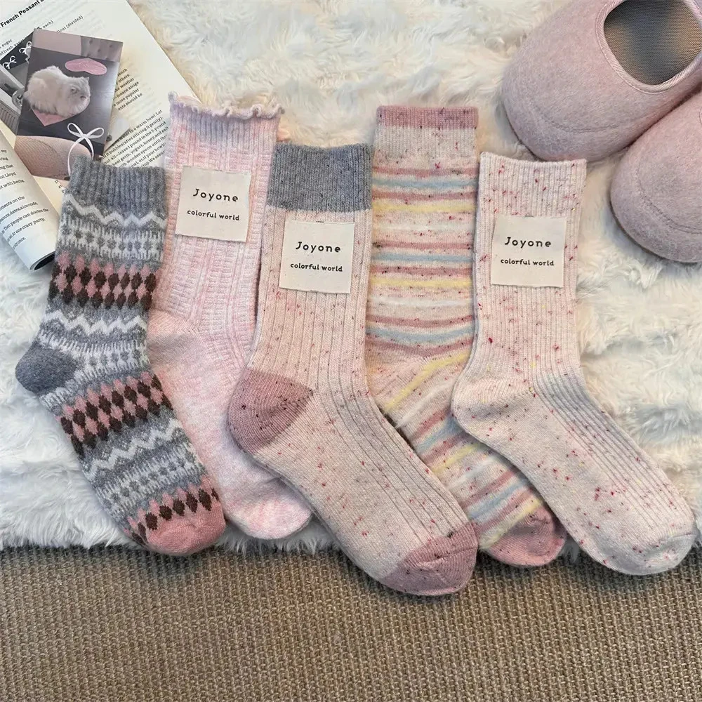 粉灰羊毛袜女中筒袜秋冬加绒加厚保暖甜美点子纱堆堆袜日系百搭jx