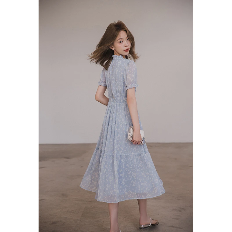 小谷粒碎花连衣裙女小个子2025夏季新款泡泡袖雪纺修身收腰长裙子