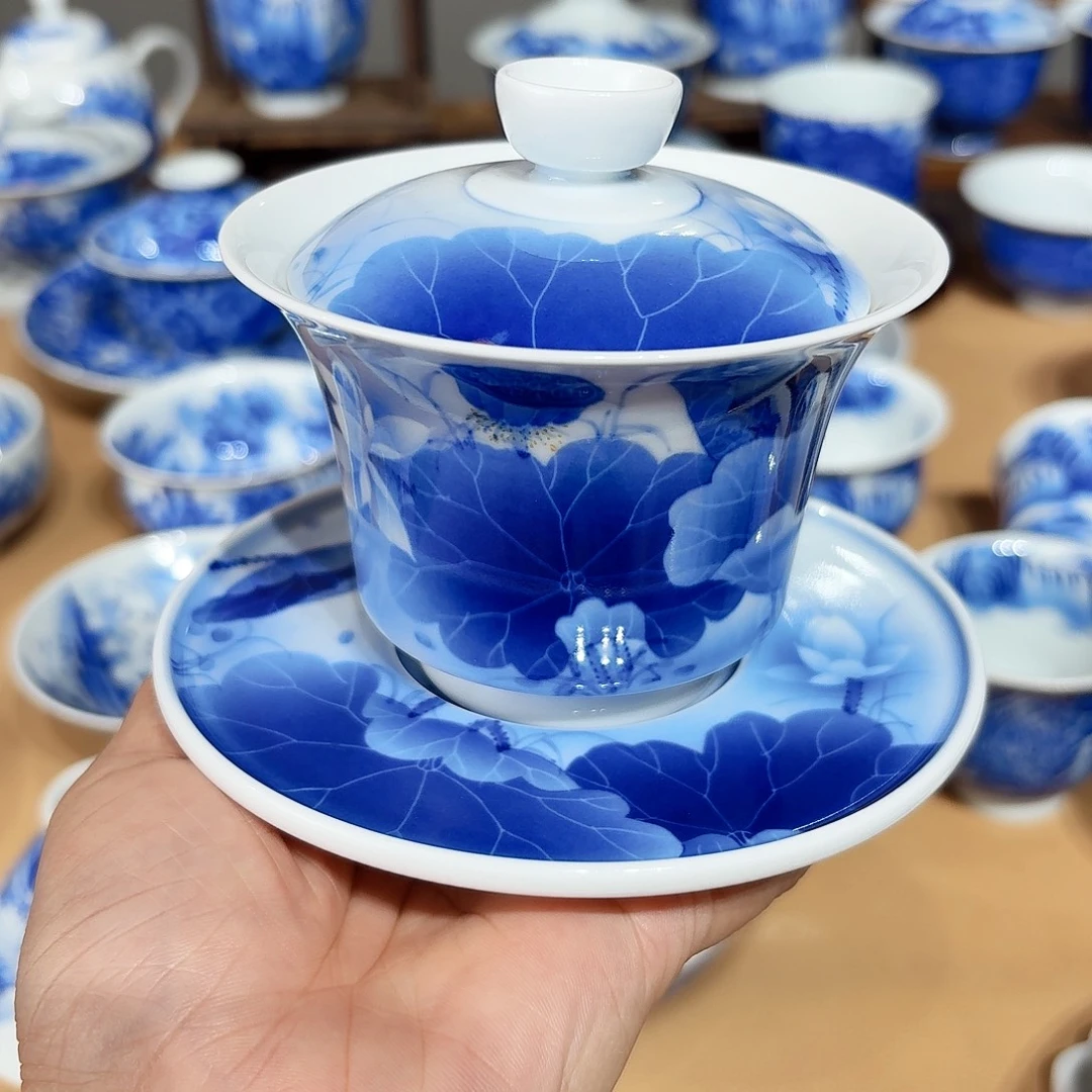 景德镇纯手绘三才盖碗微瑕