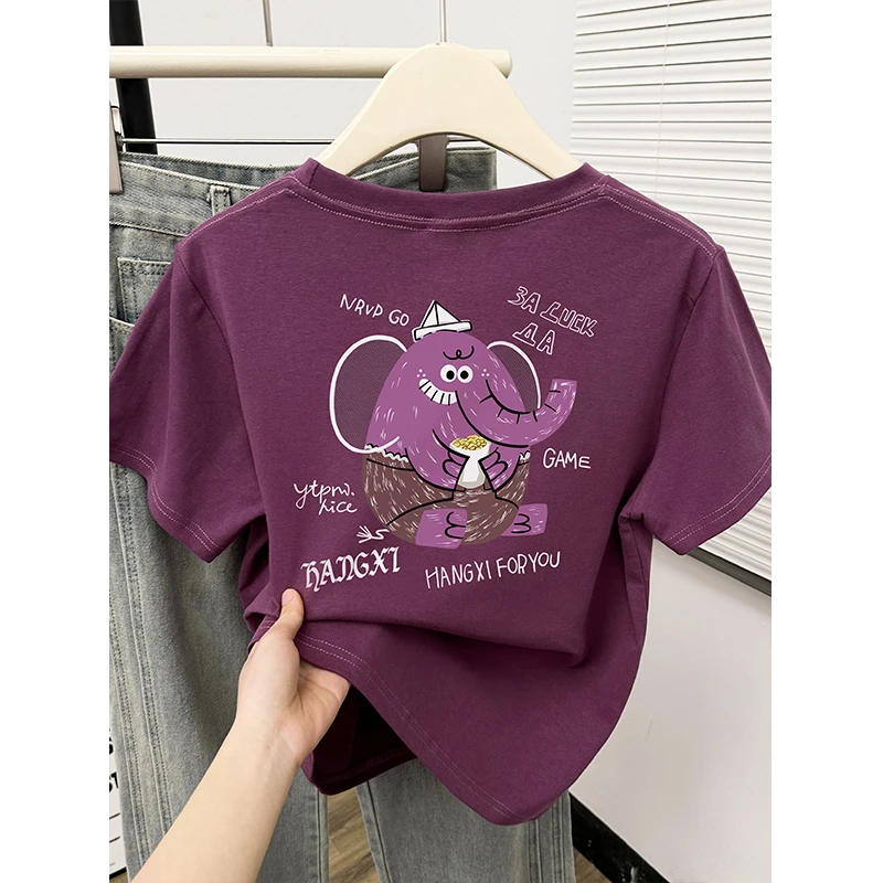 韩版圆领正肩短袖t恤女夏季新款时尚大码休闲设计感印花百搭上衣