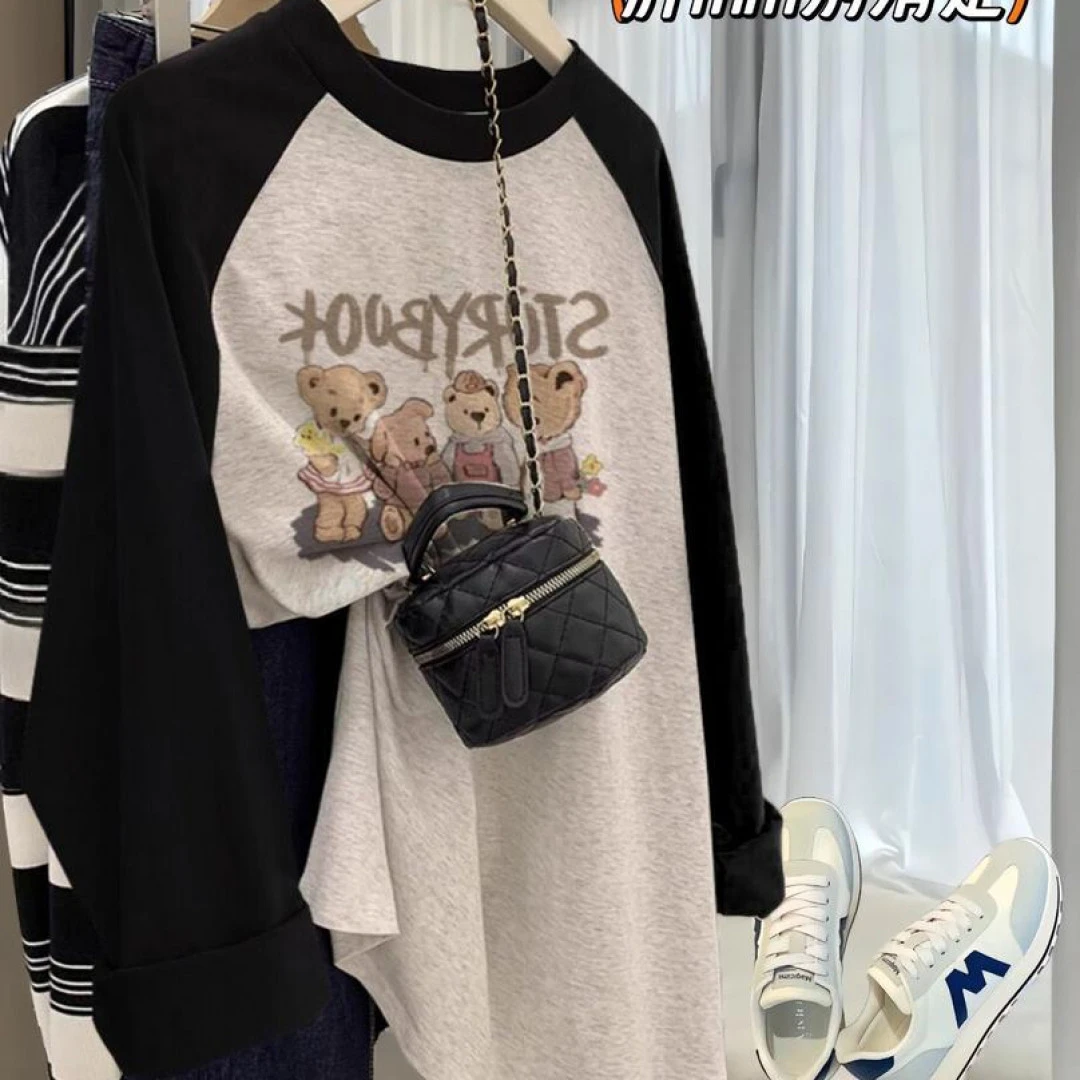 胖mm插肩拼接显瘦打底衫2023新款纯棉T恤女大码长袖休闲圆领上衣