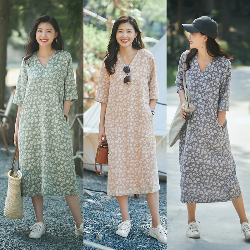 梭家|回到巴厘| 小雏菊v领多色连衣裙夏季女五分袖花色中长裙