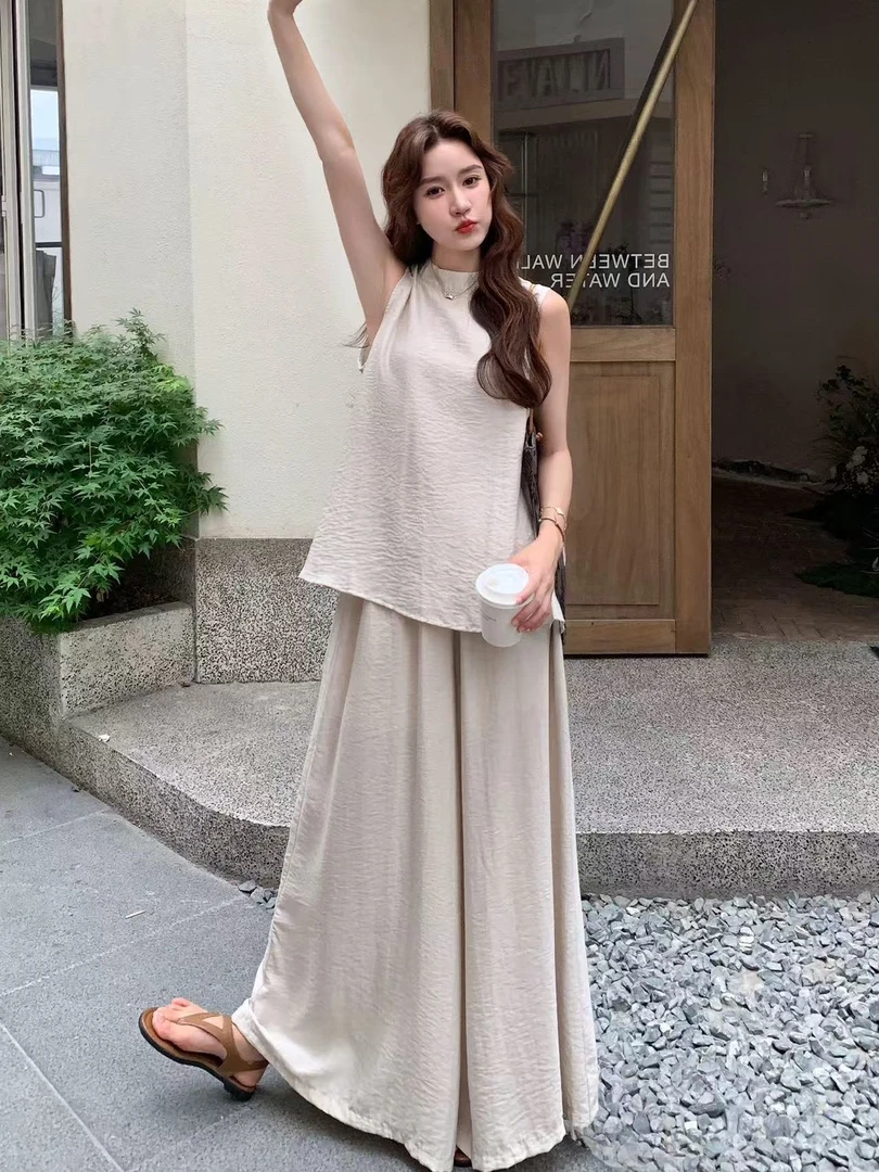老钱风无袖马甲套装女2025夏季新款时尚背心垂感休闲阔腿裤两件套