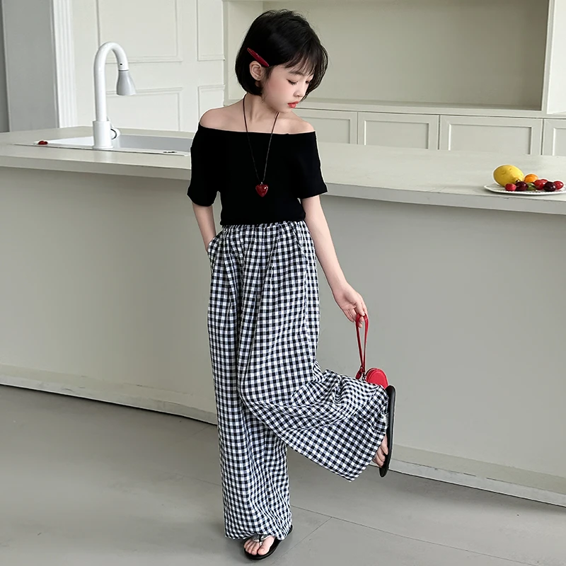 女童套装儿童时尚潮范格子阔腿裤两件套夏季显瘦洋气薄款韩版百搭