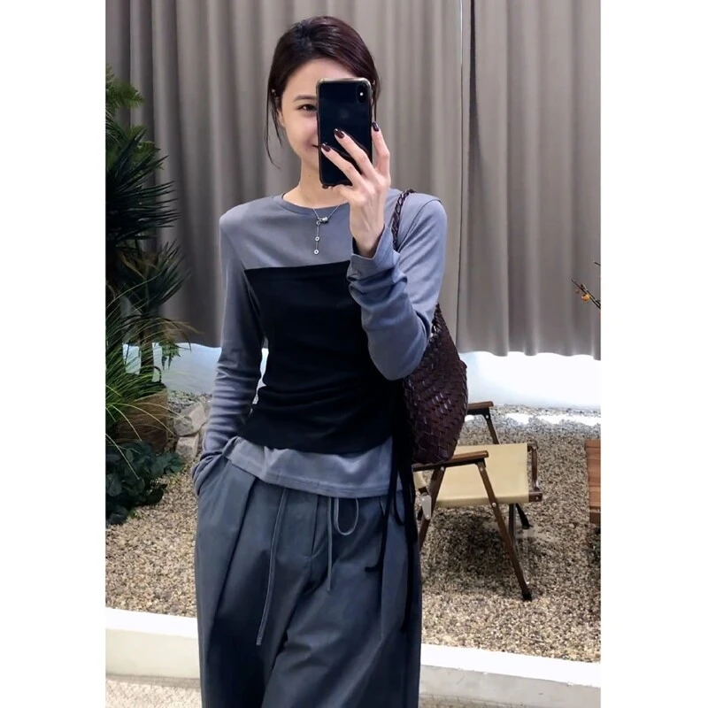 巨好看的秋装一整套干练气质高级感韩里韩气灰色假两件T恤套装裤