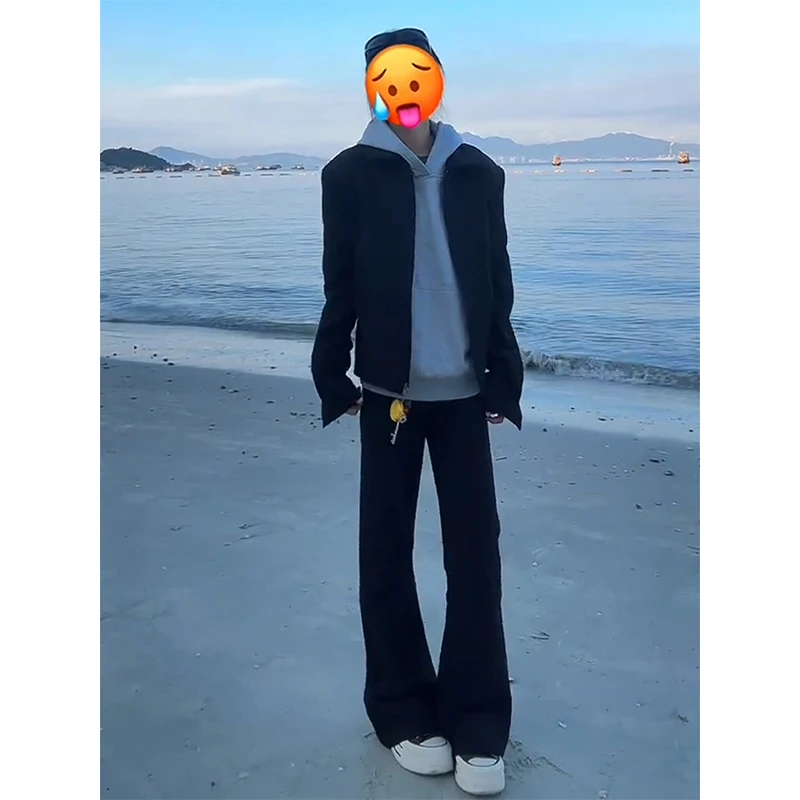美式cleanfit黑色微喇西裤男秋季窄版显瘦弯刀裤垂感直筒西装裤子