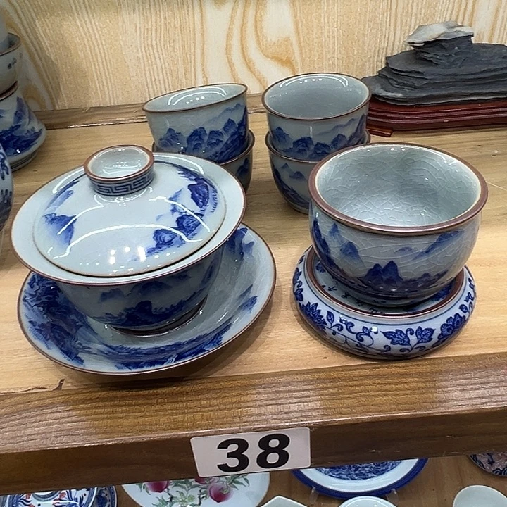 小***豆青花老陶泥千里江山7件套