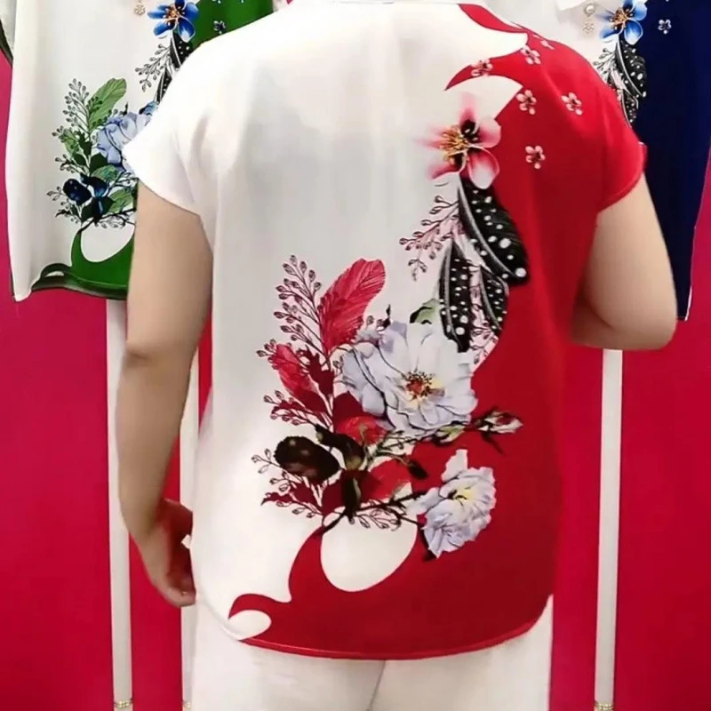 2025夏季新款短袖衫短款娃娃领印花宽松遮肉时尚洋气百搭妈妈装