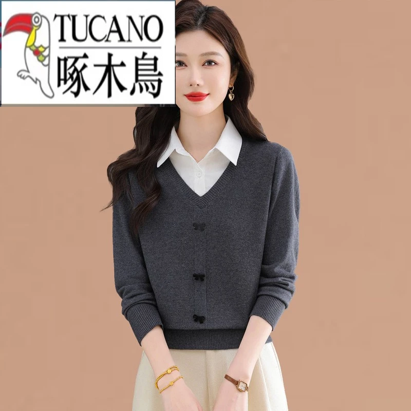 啄木鸟衬衫领毛衣女士春秋2025新款洋气显瘦羊毛衫针织打底假两