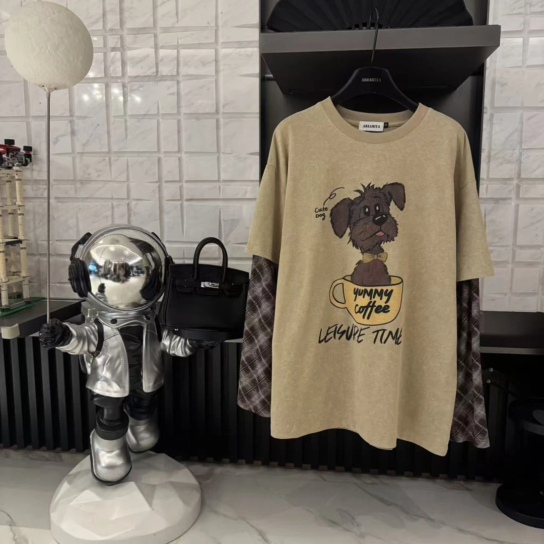 福利【咖啡小狗】秋季宽松大版型爆款假两件小狗印花长袖T恤CP561