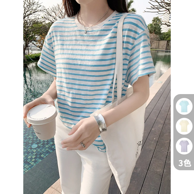美洋MEIYANG 海天线T恤 欧若风海魂条纹圆领宽松短袖上衣-周五