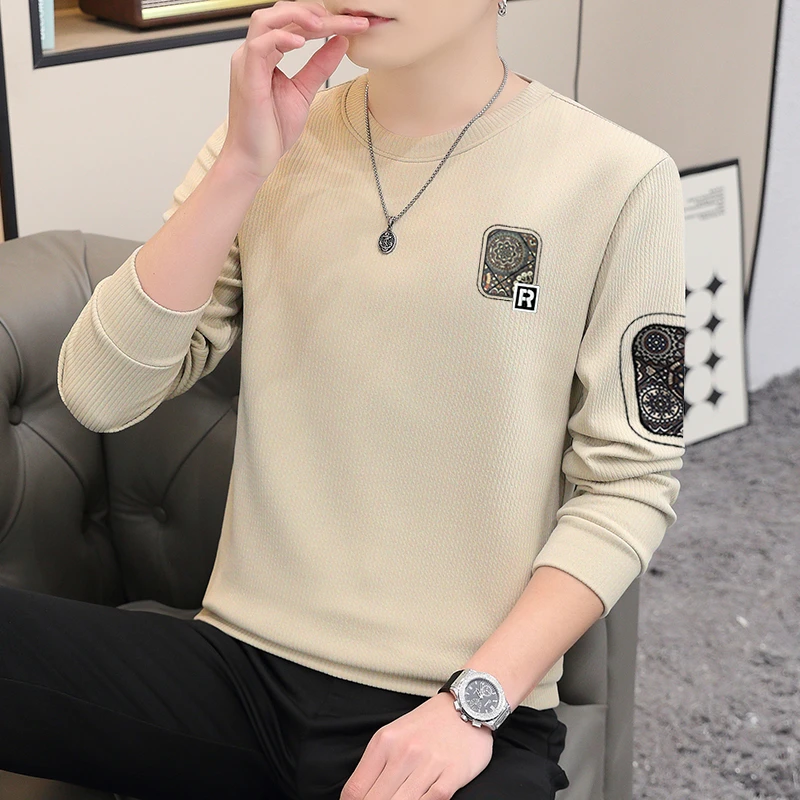 孙尚春季新款男士休闲刺绣卫衣简约拼接时尚百搭潮流贴布上衣0032