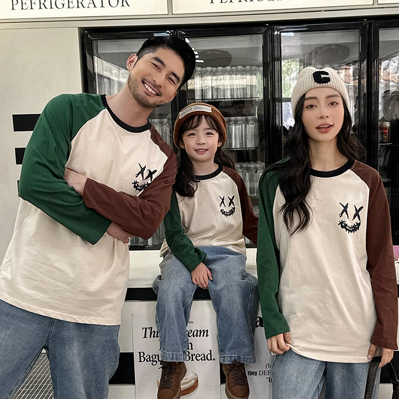 儿童撞色日系长袖T恤2025秋季亲子装洋气插肩袖宽松百搭家庭装潮T