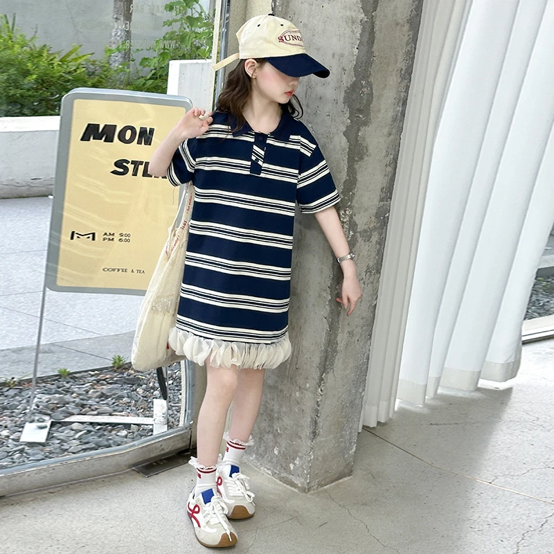 女童夏装连衣裙2025新款洋气时髦中大童女孩儿童宽松条纹Polo裙子