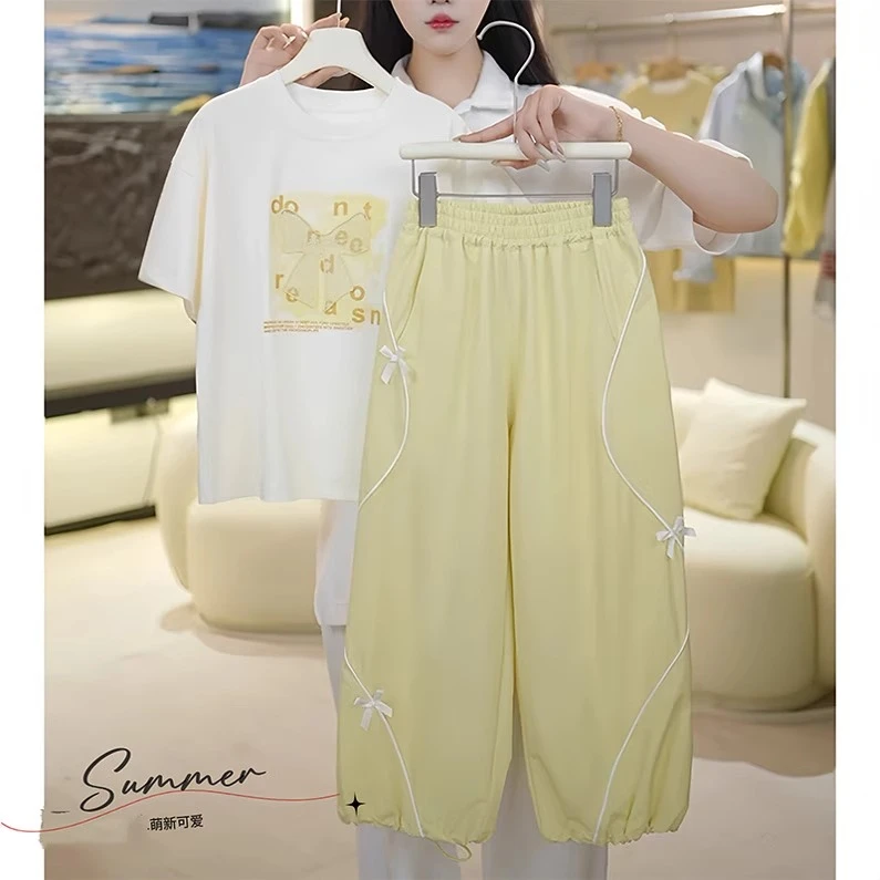 女童轻薄速干裤子套装春夏装2025新款中大童宽松蝴蝶结短袖运动裤