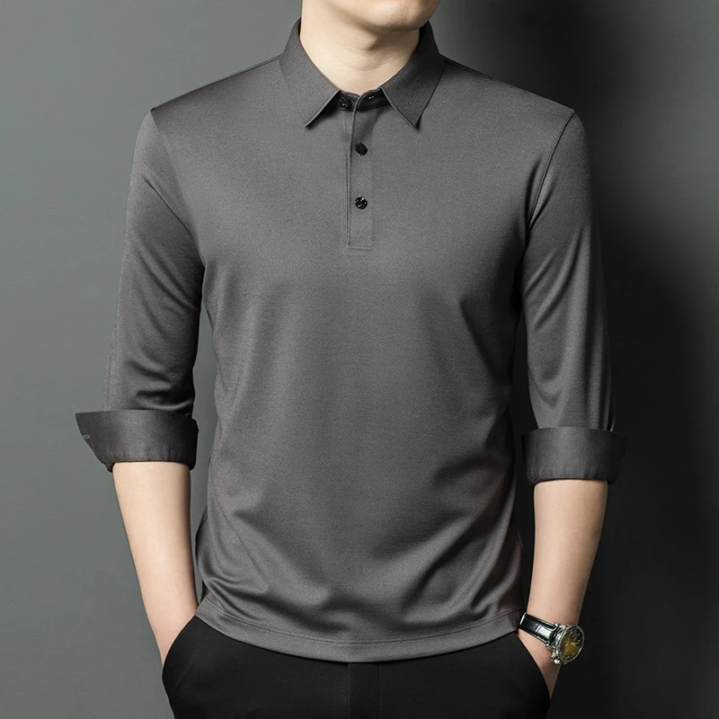 2025年新款男士商务翻领休闲长袖T恤 中年纯色百搭宽松针织男上衣