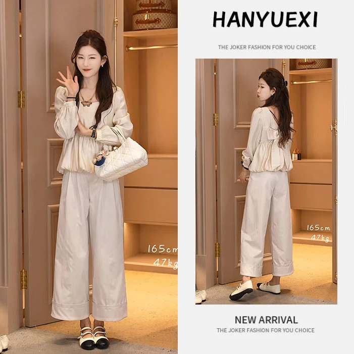 早春一整套女装2025新款韩版方领蝴蝶结花苞衬衫高腰裤子两件套装