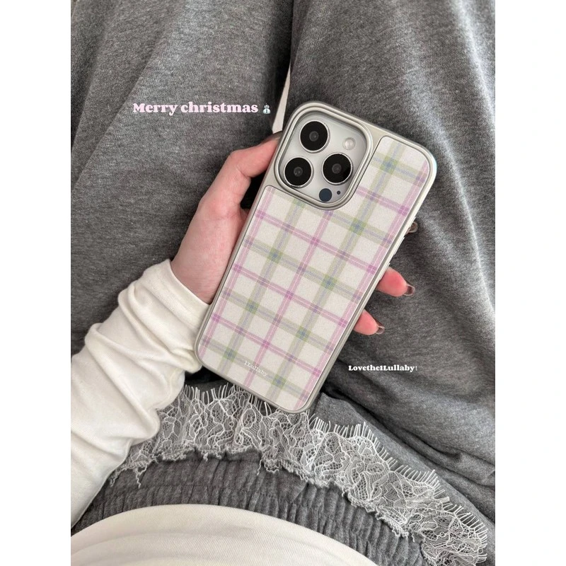 适用苹果16小米15reno14nova13华为p80手机壳新款粉绿格子银边耶