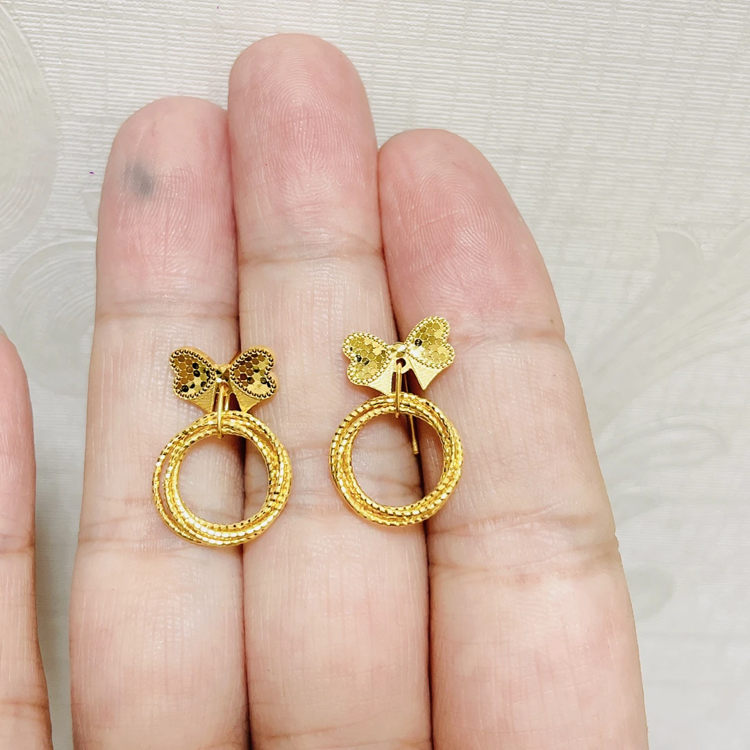 足金999鱼鳞龙鳞蝴蝶结线圈耳钉七字钩仙女气质时尚闪亮