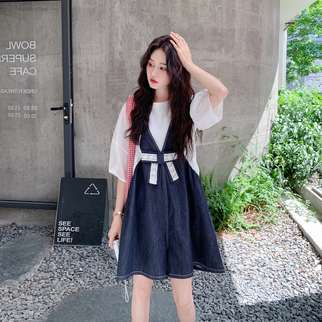 夏季穿搭港风减龄牛仔背带裤套装女短袖上衣+阔腿连体短裤两件套