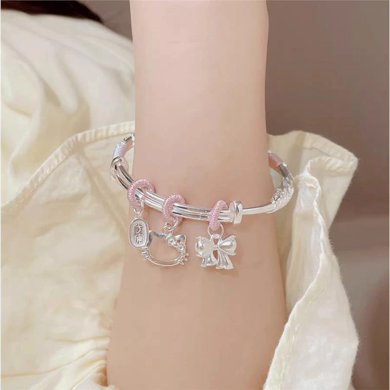 足银手镯 繁花似锦Kitty猫纯银手镯女999足银实心送女友生日礼物i