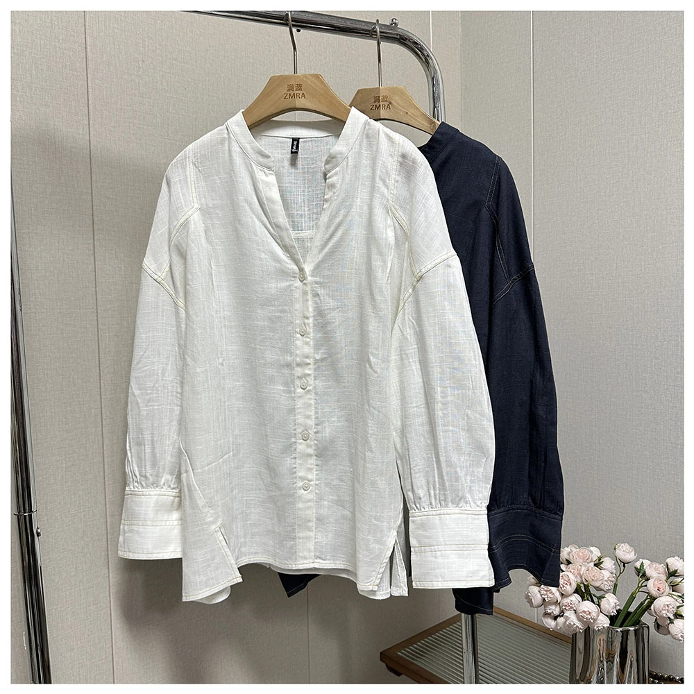 1C041春季新款纯色宽松圆领长袖女士休闲衬衫