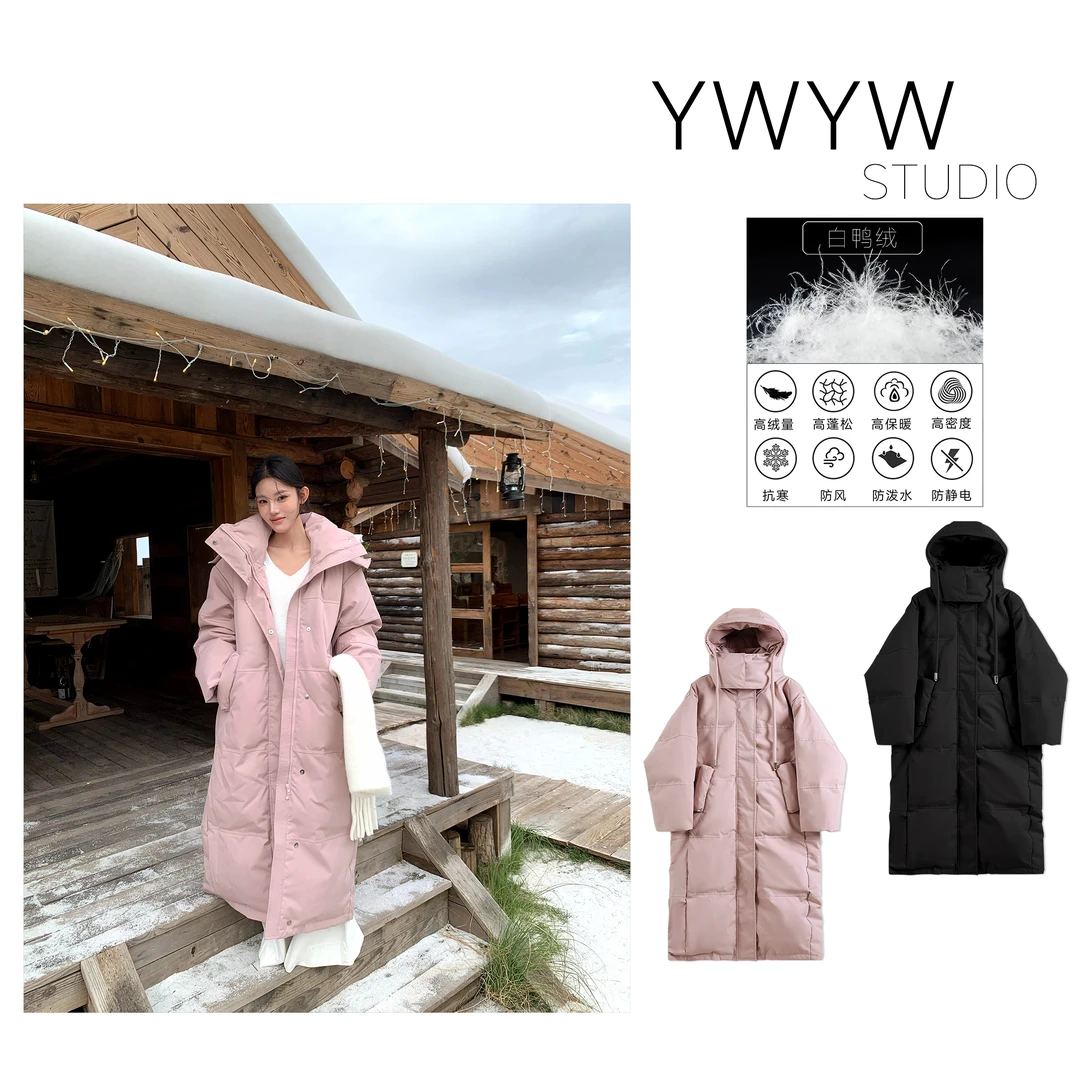 【YWYW25F/W】秋冬防风保暖气质连帽鸭绒长款羽绒服3553