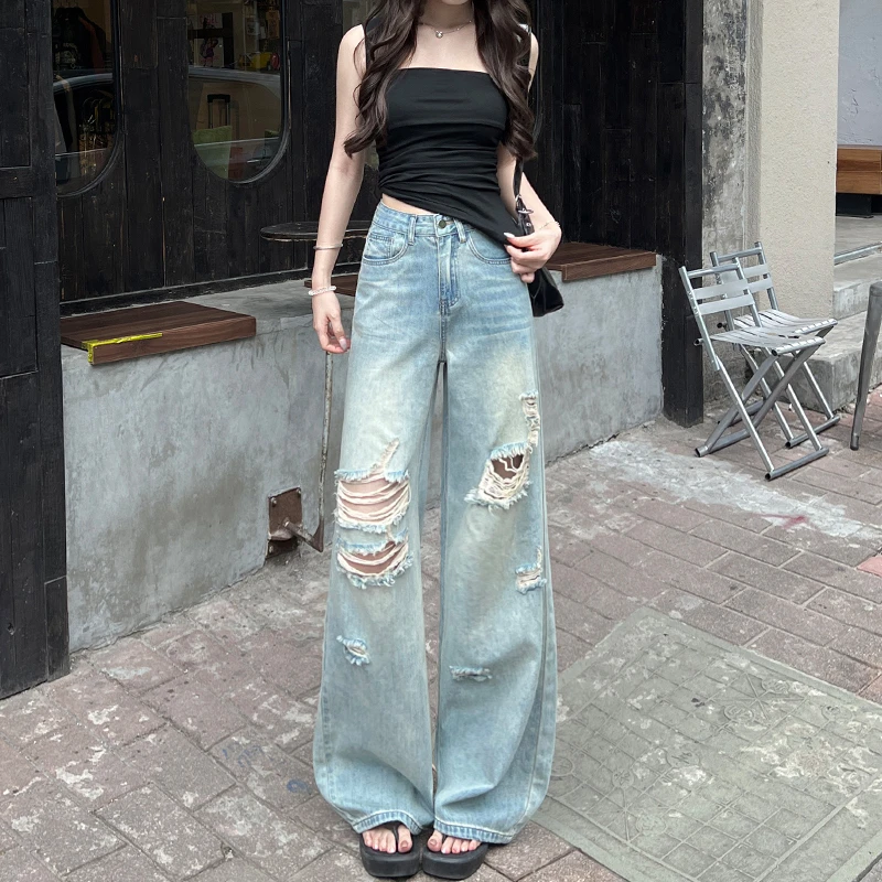 小个子浅蓝重工流星雨烫钻破洞直筒牛仔裤女秋季新款宽松显瘦阔腿