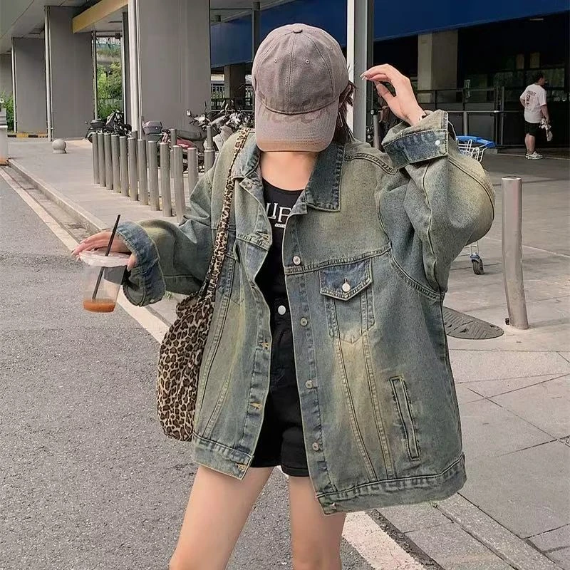 早秋女装洗水复古美式长袖牛仔外套高街宽松情侣休闲宽松百搭上衣