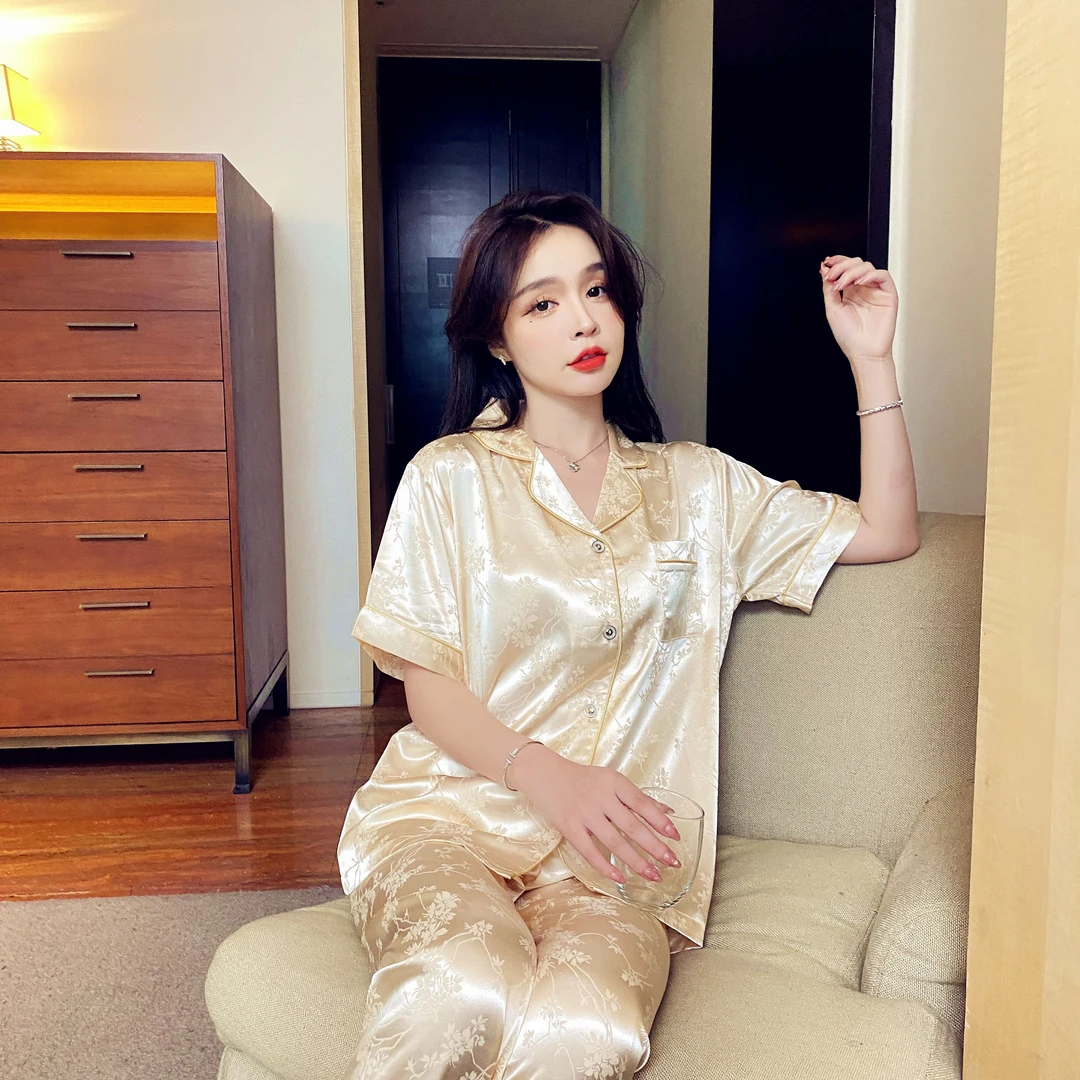 冰丝睡衣女款夏季套装爆款2025新款仿真丝女士薄款短袖长裤家居服