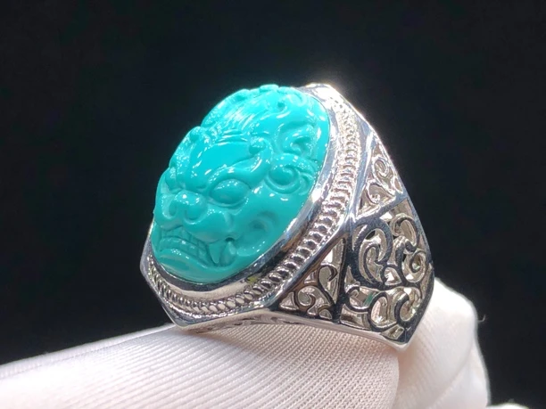 原矿天空蓝果冻料绿松石兽面戒指时尚镶嵌