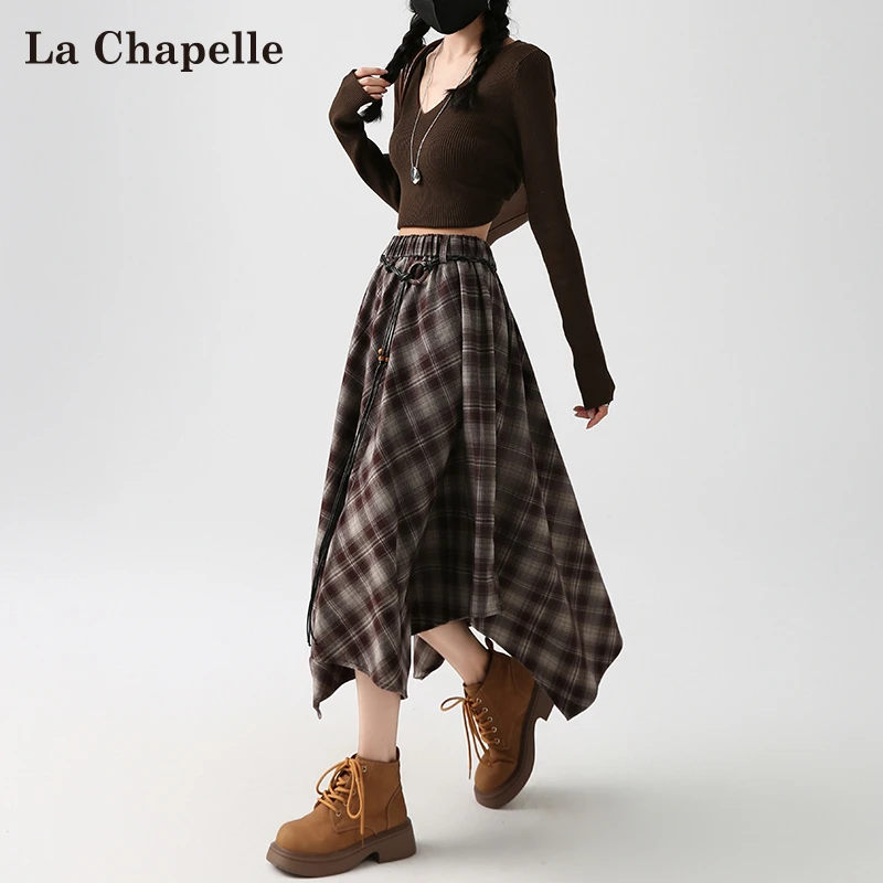 拉夏贝尔不规则半身裙女秋季新款格子琥珀流光风高腰遮胯a字伞裙