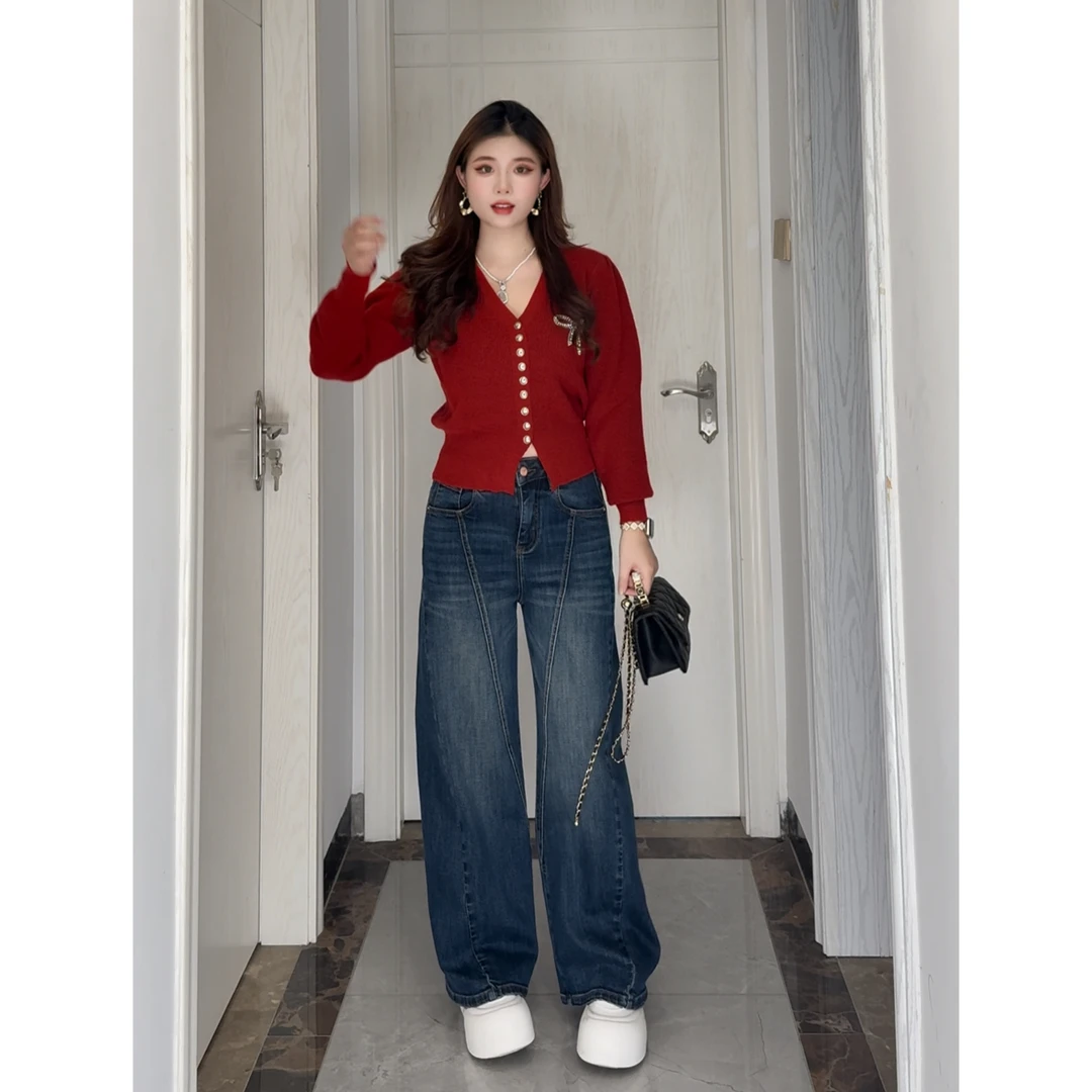 【秋季新款】•藏蓝•原创高端设计完美弹遮肉显瘦弯刀直筒牛仔长裤女