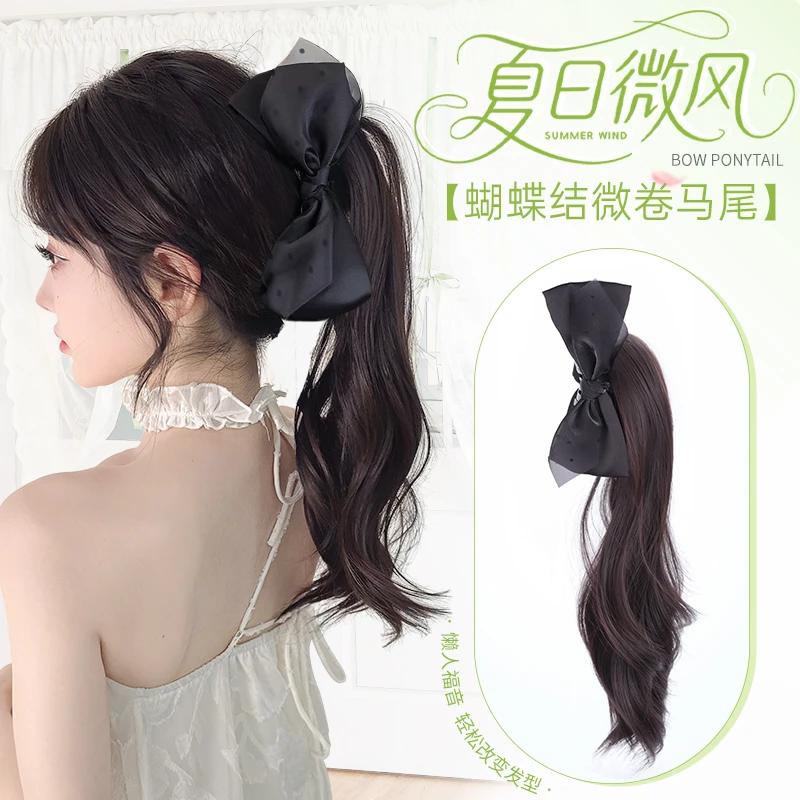 假发辫子马尾女波点网纱蝴蝶结抓夹波浪仿真发新中式假发辫高马尾