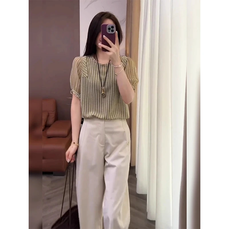 夏季新款重要场合炸街独特漂亮掐腰气质小衫法式高级感格子上衣女