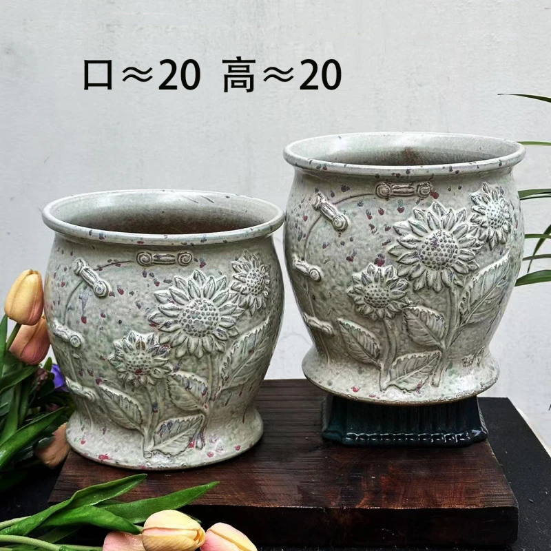 宜兴粗陶 复古还原旗袍向日葵 花盆2个A29