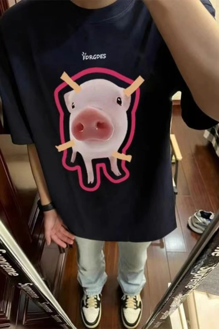 100%纯棉重磅卡通猪猪T恤宽松圆领短袖夏季半袖男女情侣款上衣ins