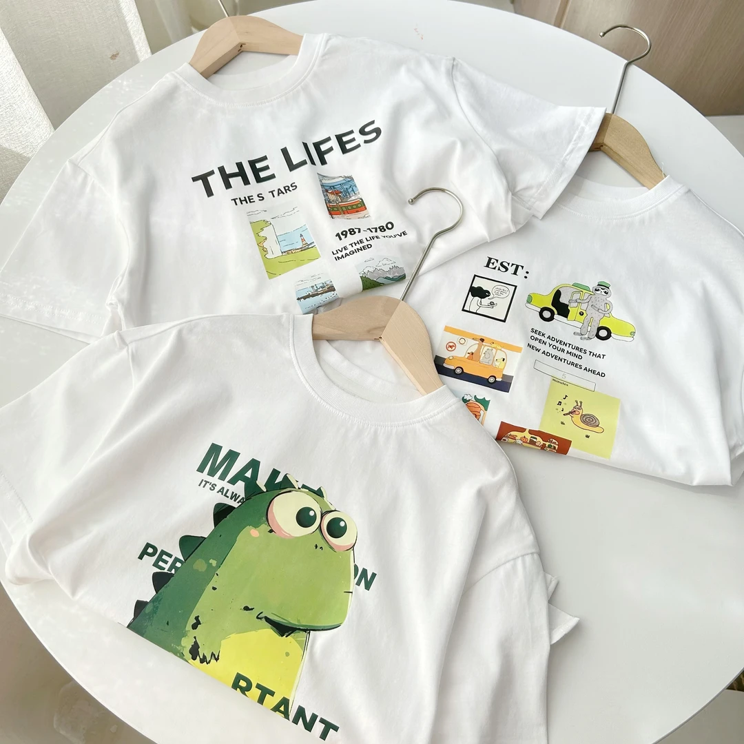 夏季儿童印花卡通中大童纯棉圆领短袖T恤 25091