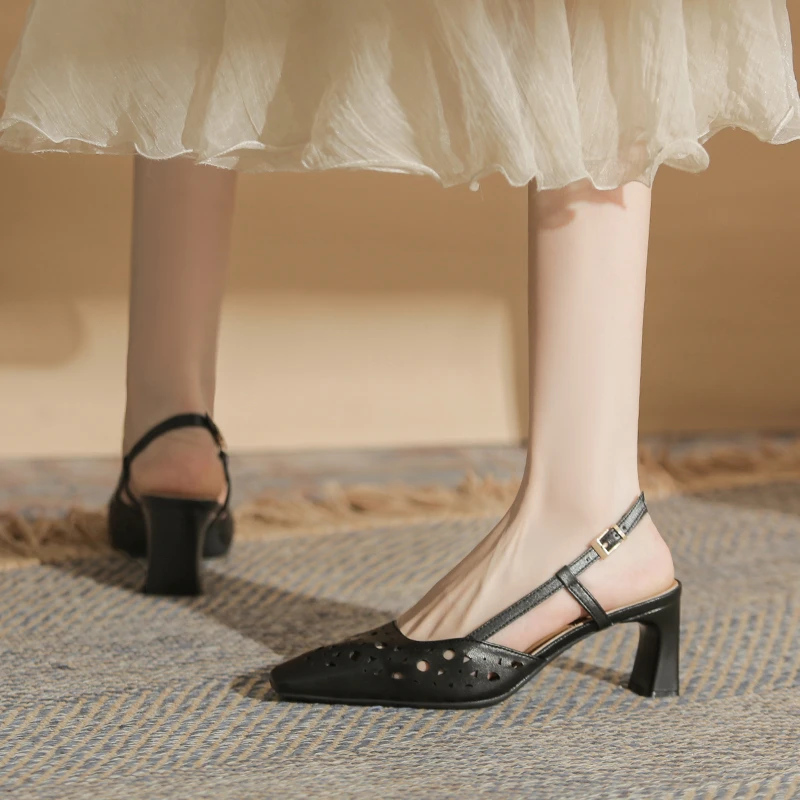 6cm~法式绝美镂空羊皮包头凉鞋女2025夏季新款细跟浅口单鞋洞洞鞋